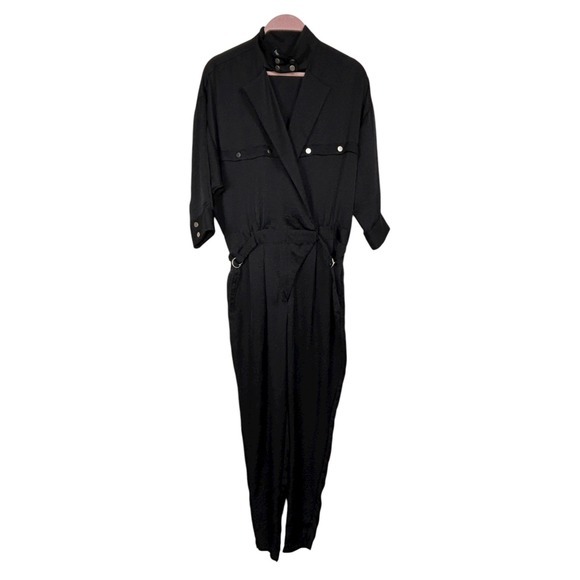 BEBE Black Satin Utility Jumpsuit Sz S Mock Neck Zip Tapered Leg Belted Y2K Goth - Picture 3 of 15